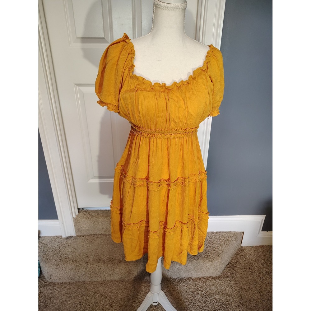 Mustard Yellow Crinkle Rayon Tiered‎ Mini Dress Puff Sleeve Square Neck Boho